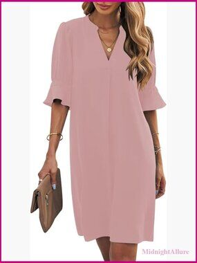 V Neck Short Sleeve Shift Dress Flowy Casual Summer Dress